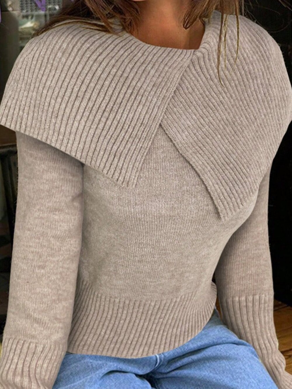 Khaki Casual Women's oversized collar Long Sleeve Sweater - Picture 7 of 7